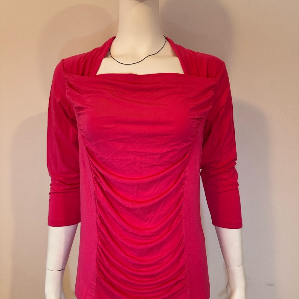 Ruby Ribbon Red/Pink Ruched Square-Neck 3/4 Sleeve Top Size L